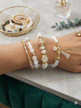 Elegant Ethereal Glow: 4-Piece Crystal & Gold Bead Whimsical Stack